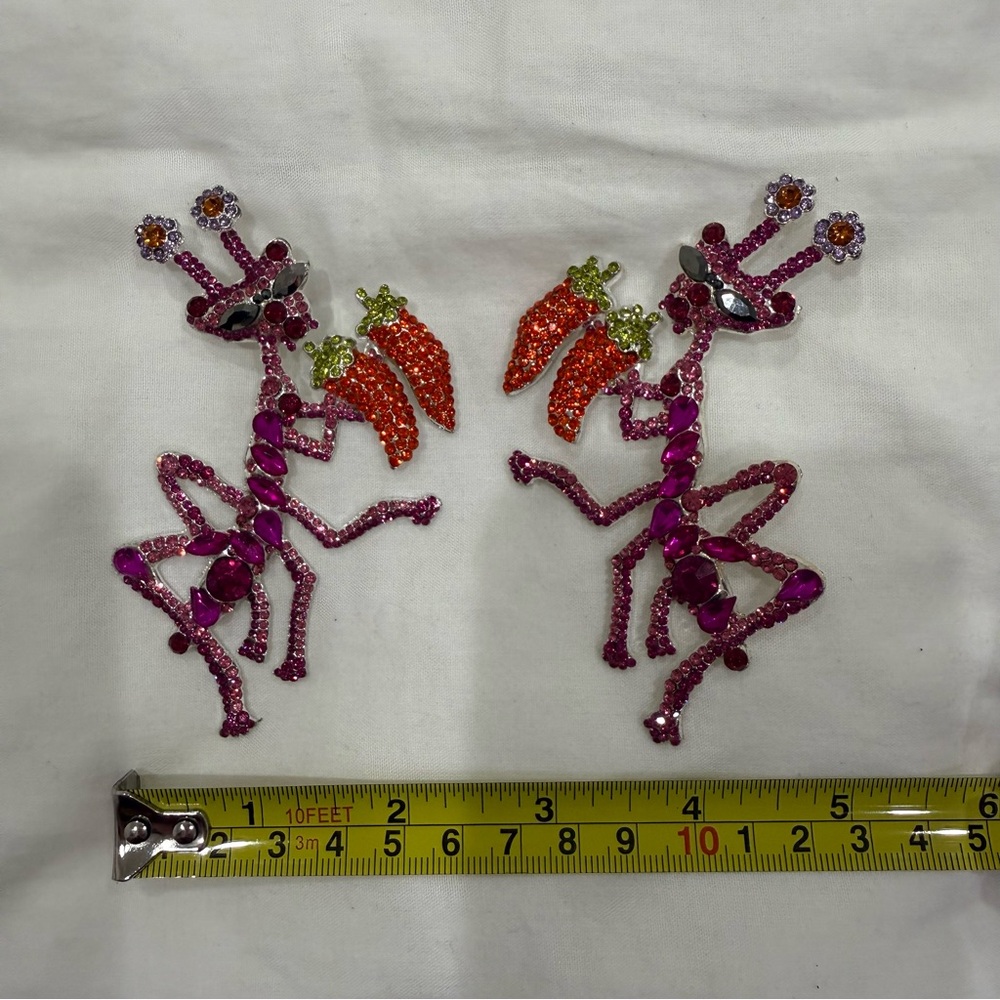 Crystal Praying Mantis Statement Earrings Pink Bi… - image 3